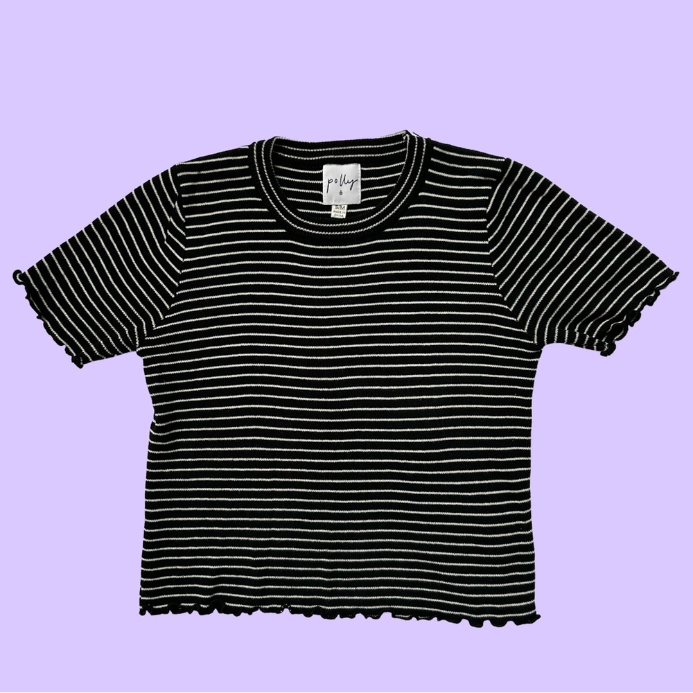 Polly Horizontal Striped Ruffled Crop Top Black White Small Medium